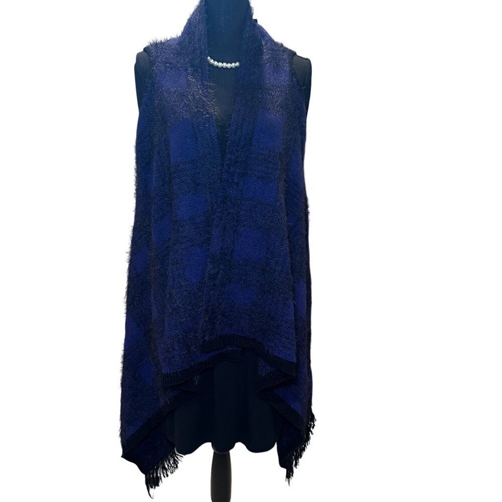 Vertigo Plaid Fuzzy Cardigan Womens Open Front Tweed Wrap Cape Boho Fringe Trim